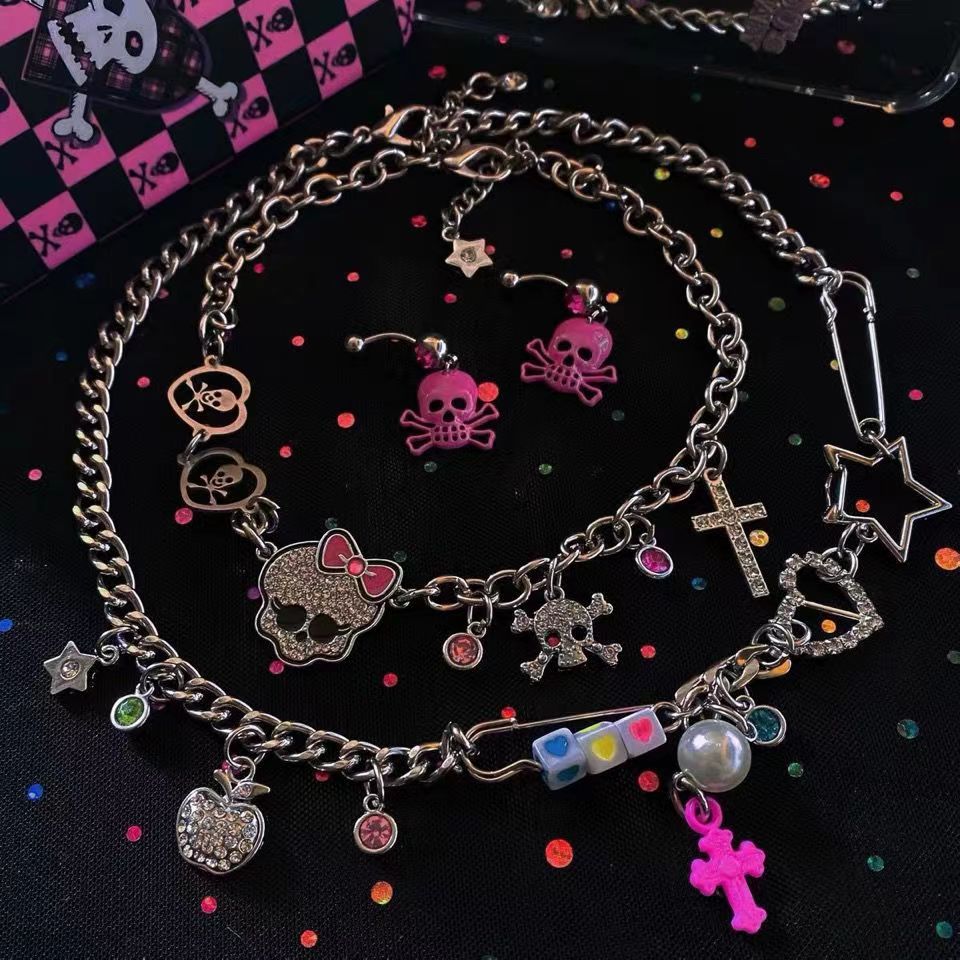 Diamond Skull Pink Stacked Necklace