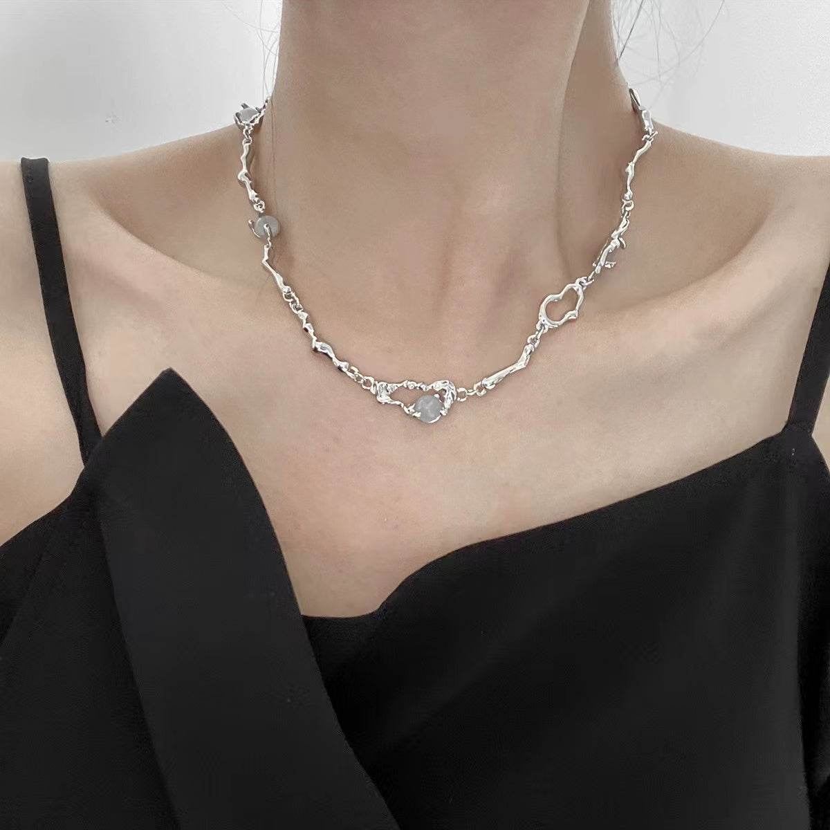 Twisted pin patchwork moonstone necklace