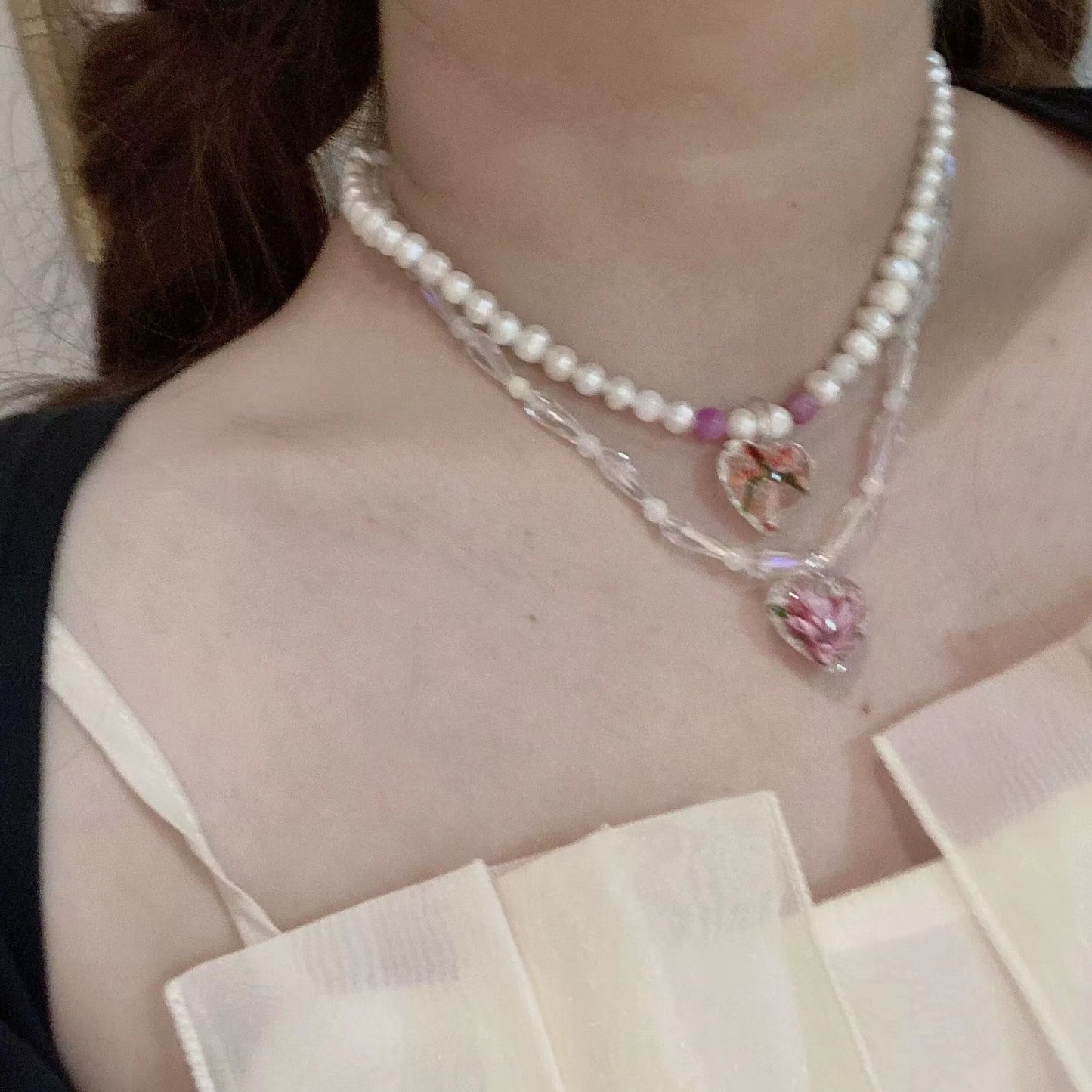 Sweet Cool Color Crystal Pearl Love Pendant Necklace