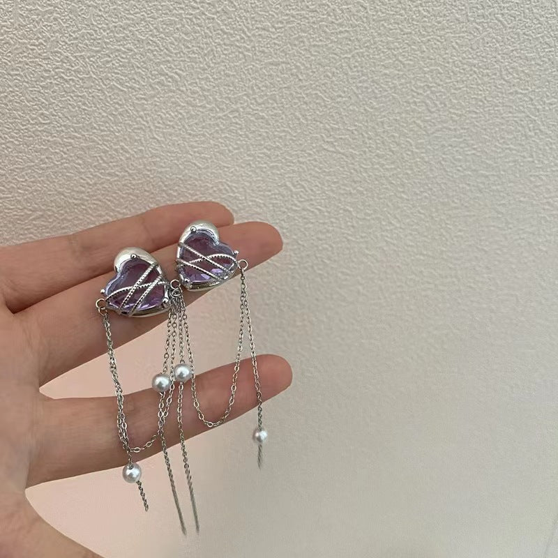 925 silver needle purple love zirconia tassel pearl earrings super fairy niche design sense senior sense earrings female tide