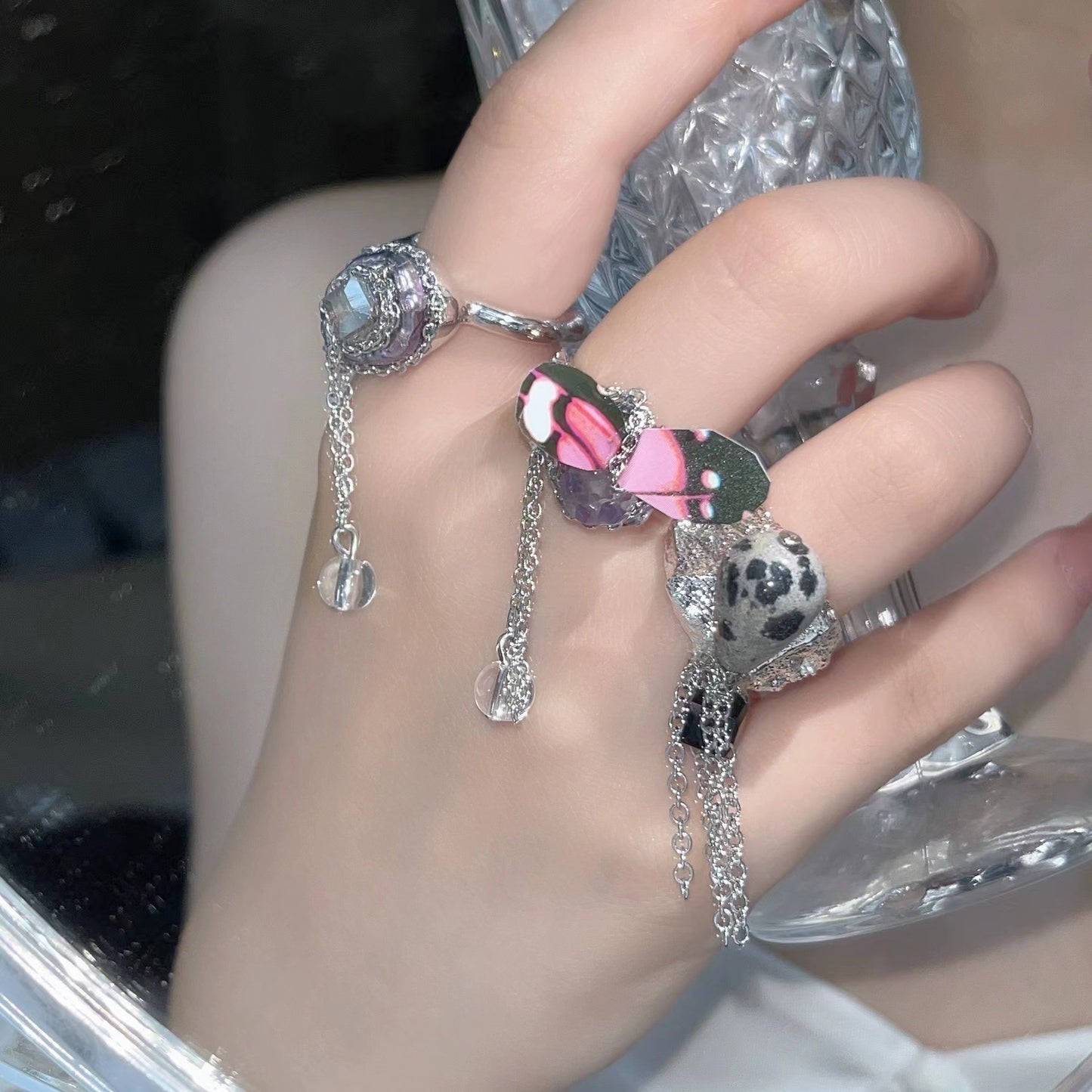 Original design multi-style lava pewter style beaded tassel chain ring ins cold wind personality finger ring