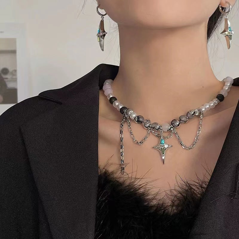 Star body hand-beaded colorful pearl mansard necklace female hip-hop chain collarbone chain niche earrings