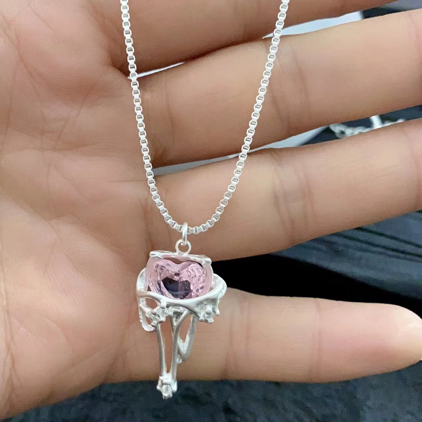 Pink zirconium love niche design necklace earrings studs collarbone chain simple fashion accessories