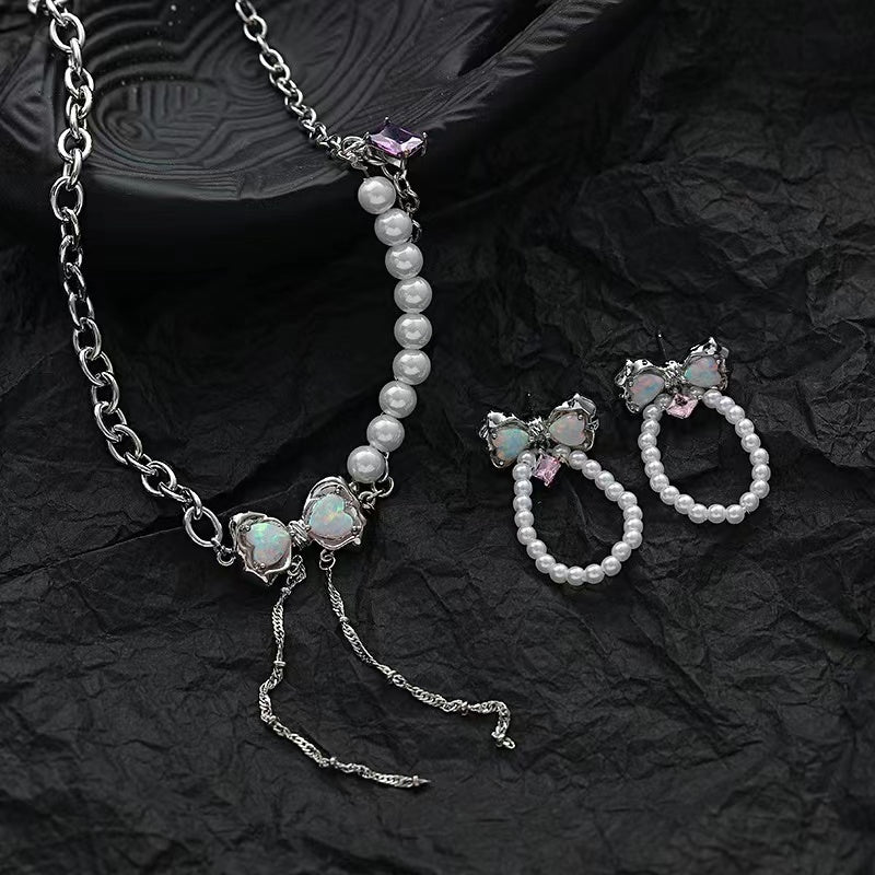 Pearl necklace female ins niche design sense sweet cool Opal bow tassel pendant Opal personality collarbone chain