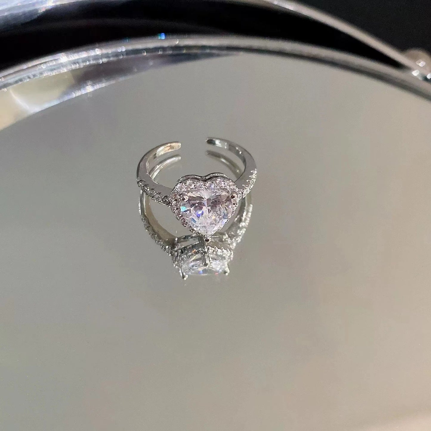 Zircon diamond ring heart opening ring temperament light luxury high sense ring