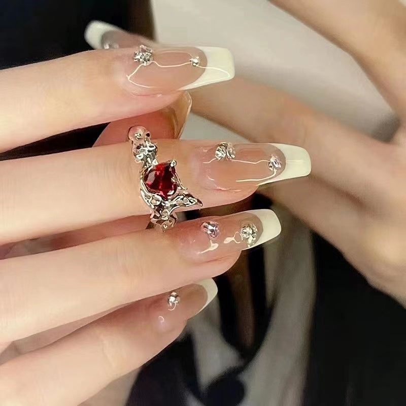 Niche design red open-ended zircon French irregular gemstone ring with diamonds