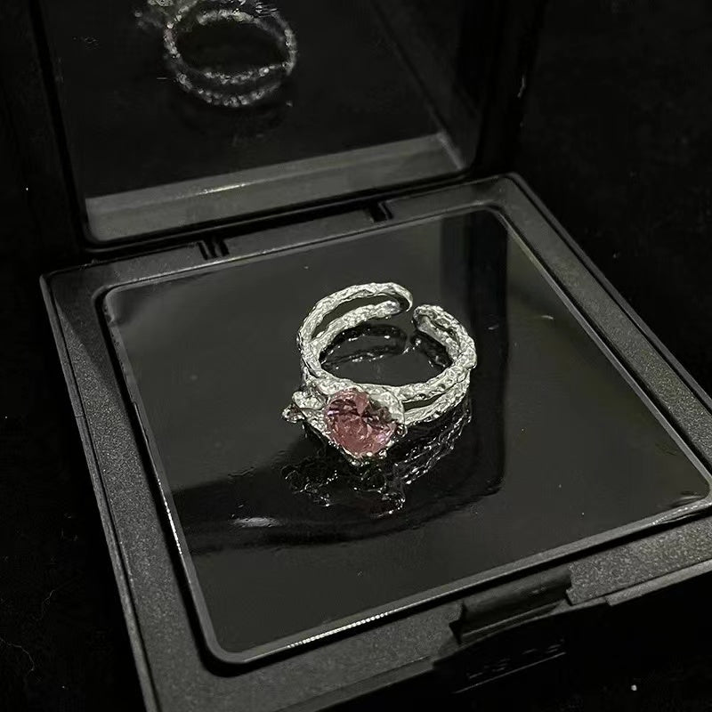 Pink zirconia love necklace niche design lava opening ring irregular senior sense of sweet cool wind earrings female