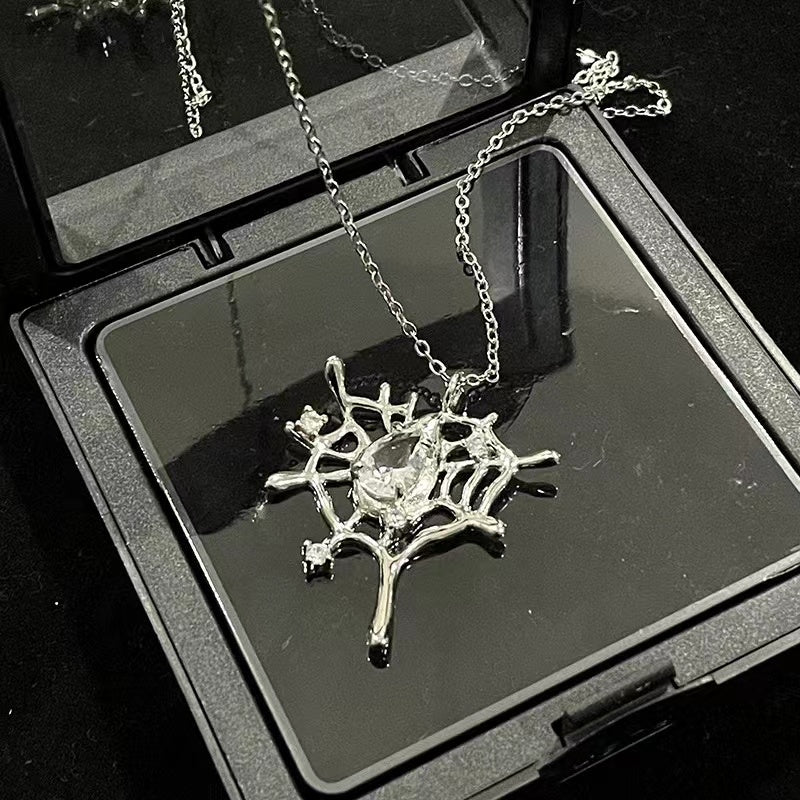 Niche design spider web set ins cold wind open ring inlaid zirconia necklace senior sense earrings female