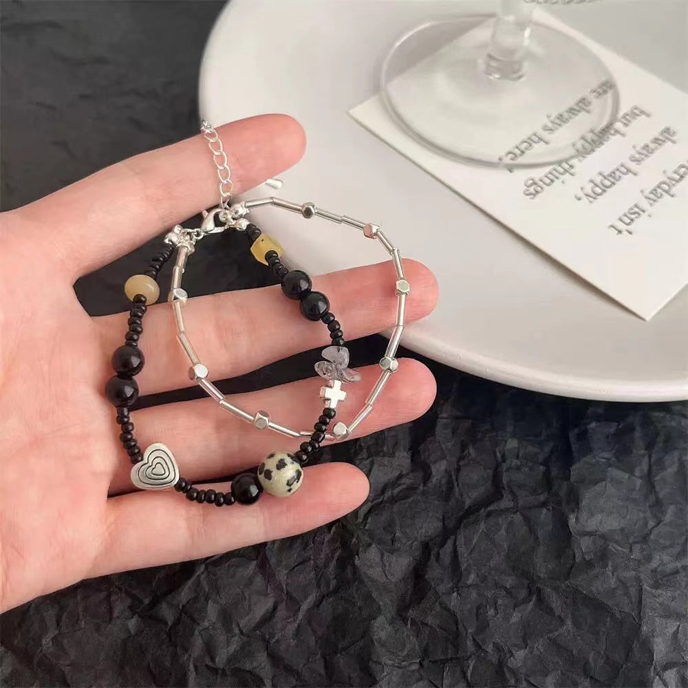 Black beaded double layer rice bead bracelet