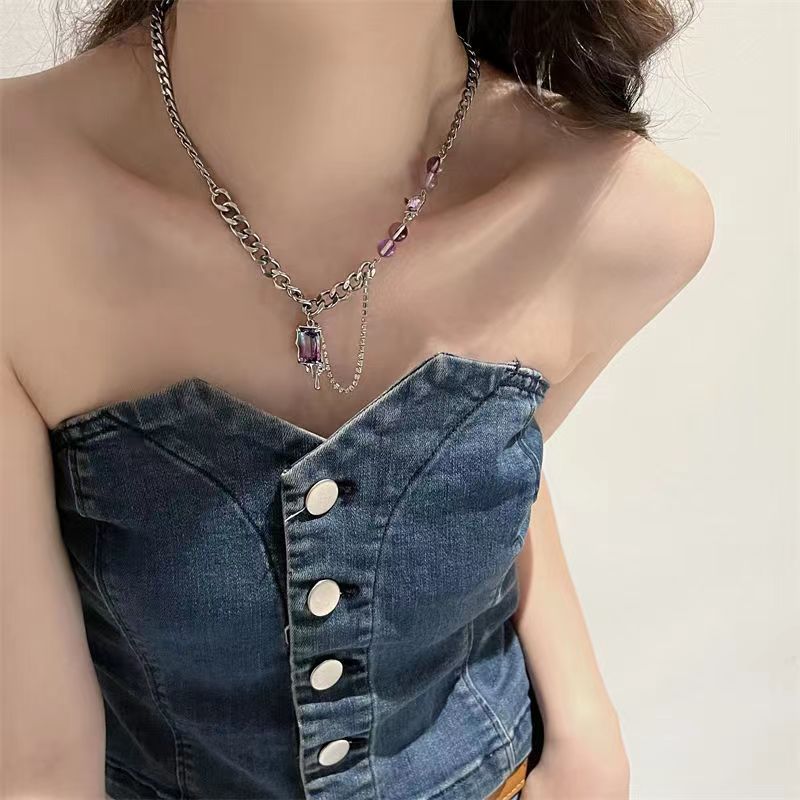 Blue and purple gradient square zirconia pendant necklace