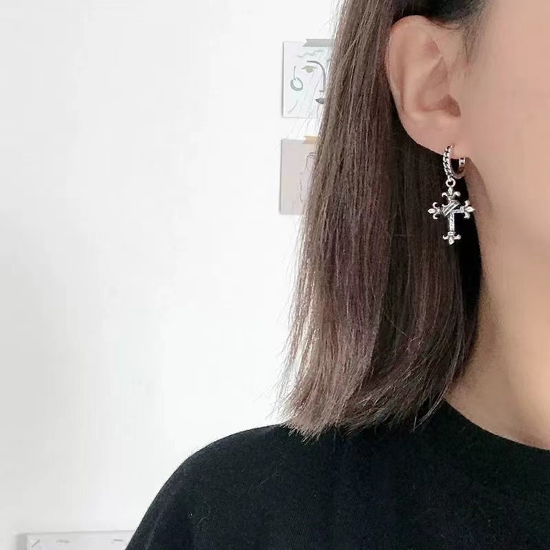 Silver Vintage flower shaped crown cross Circle Earrings