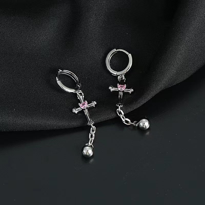 Cold wind earrings female ins personality hundred with cross long ear buckle love zirconia sweet cool senior sense earrings