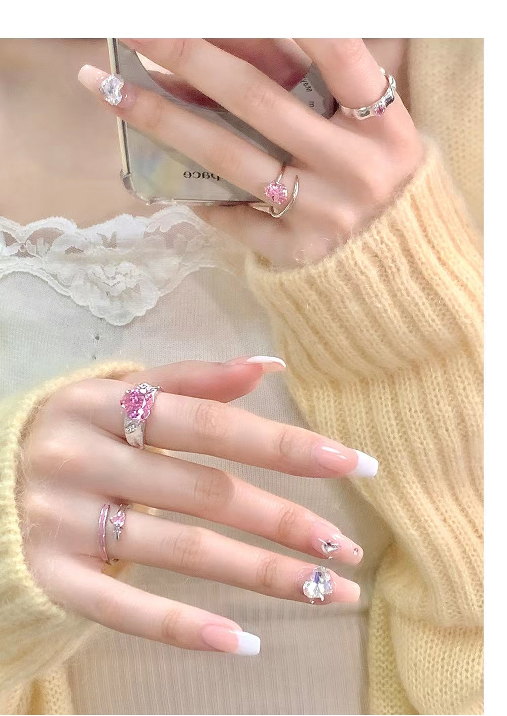 Pink heart silver ring
