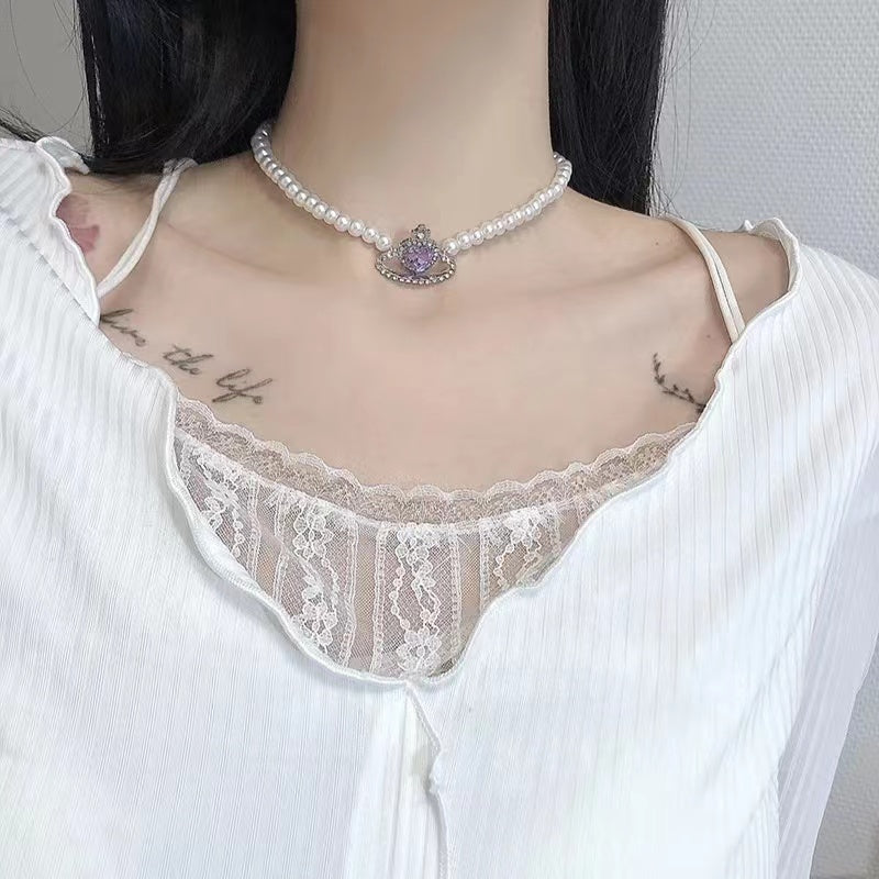 Fantasy purple planet temperament silver needle earrings bracelet necklace