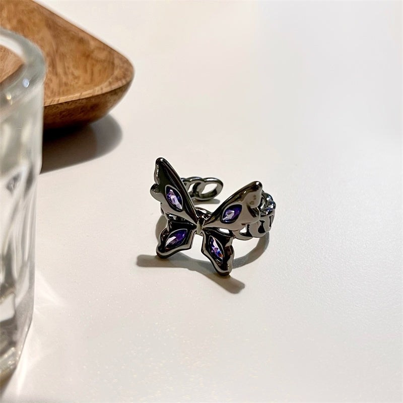 Black butterfly ring, female purple diamond inlaid with sweet cool personality, hot girl, small crowd adjustable index finger ring