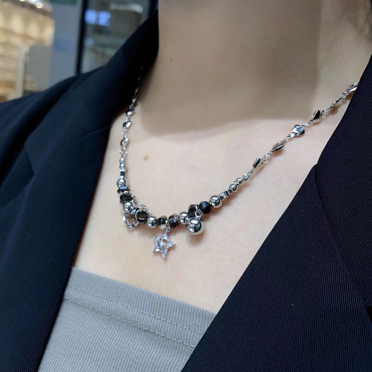 Cool little hand made love chain beads crystal ball chain five pointed star micro diamond necklace personality versatile woman
