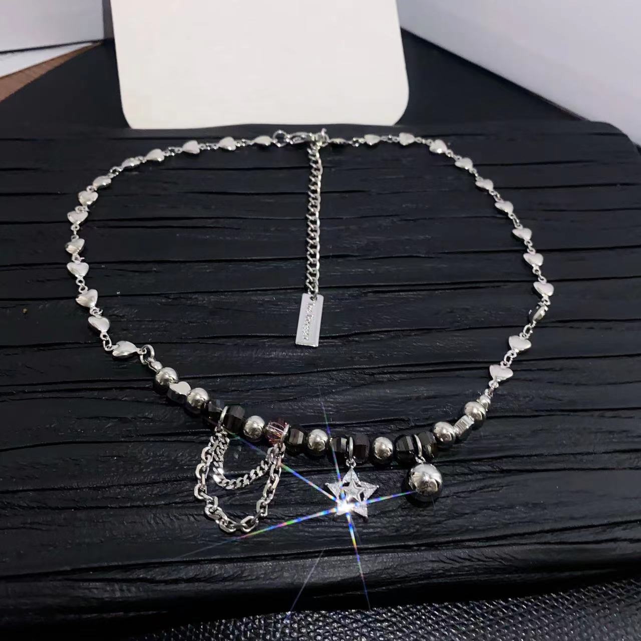 Cool little hand made love chain beads crystal ball chain five pointed star micro diamond necklace personality versatile woman