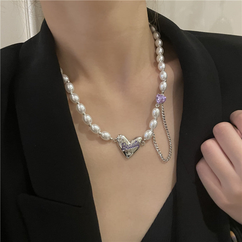 French baroque niche design love pendant necklace net red temperament tassel purple zircon clavicle chain