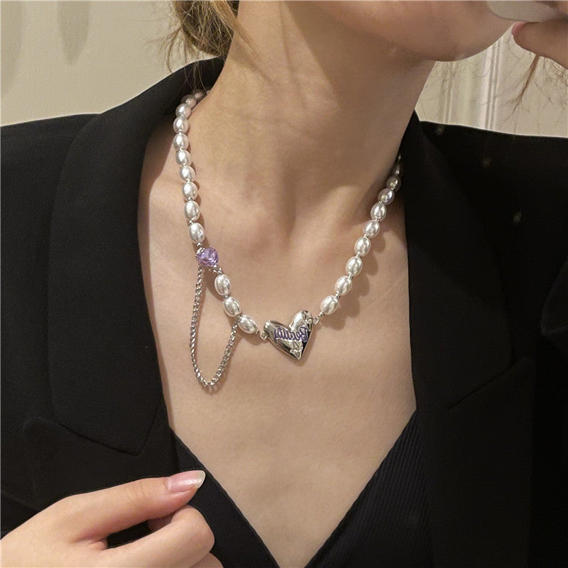 French baroque niche design love pendant necklace net red temperament tassel purple zircon clavicle chain