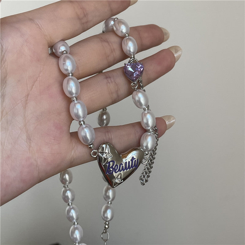 French baroque niche design love pendant necklace net red temperament tassel purple zircon clavicle chain