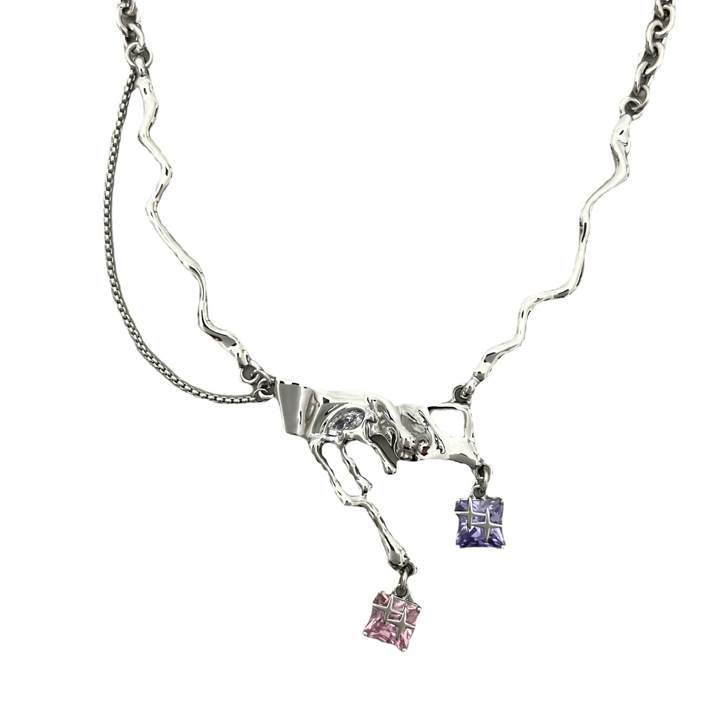 Original Purple Light Night y2k Small Necklace Sweet Cool Design Purple Zircon Lava Metal Necklace Purple Pink Zircon