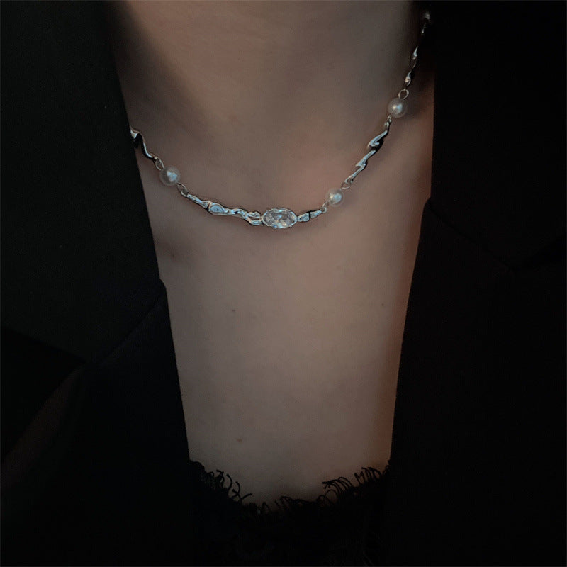 French Elegant Silver Pearl Zircon Necklace Women's Irregular Light Luxury Minority Premium Accessories Exquisite Clavicle Chain