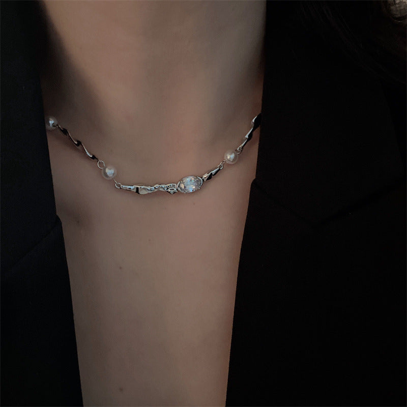 French Elegant Silver Pearl Zircon Necklace Women's Irregular Light Luxury Minority Premium Accessories Exquisite Clavicle Chain