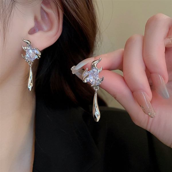 Silver Needle Zircon Love Flame Earrings South Korea Cool Style Earrings Personality Design Earrings Temperament Versatile Earrings Female