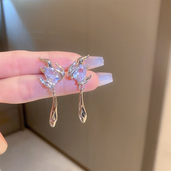Silver Needle Zircon Love Flame Earrings South Korea Cool Style Earrings Personality Design Earrings Temperament Versatile Earrings Female