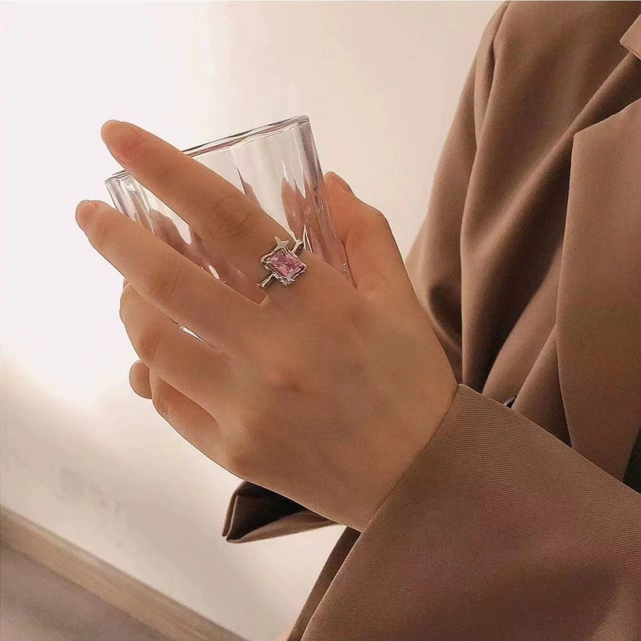 Pink love zirconia ring female niche design light luxury versatile exquisite senior sense open ring