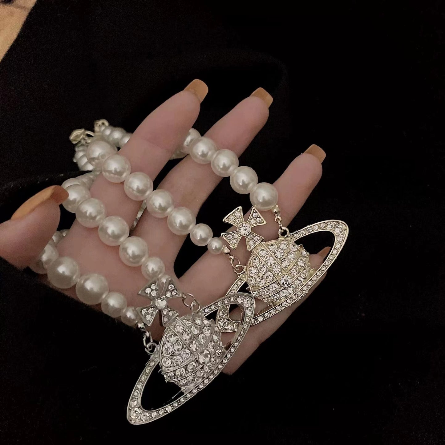 Vintage classic pearl choker Swarovski rhinestone collarbone chain