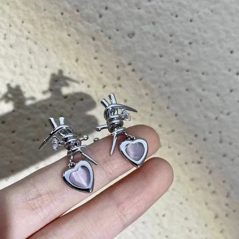 Pink cat's eye stone peach heart thorns zirconia ear clips niche design premium feeling love ear bone clips without ear holes earrings