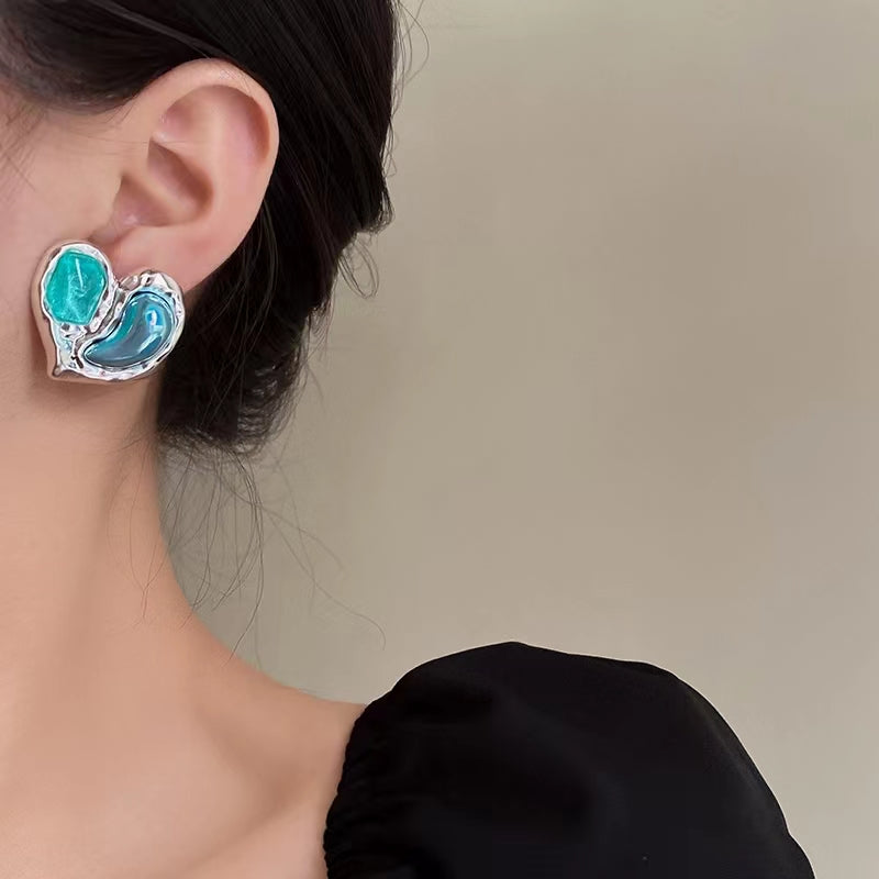 Crystal clear green love heart silver ear exaggerated earrings