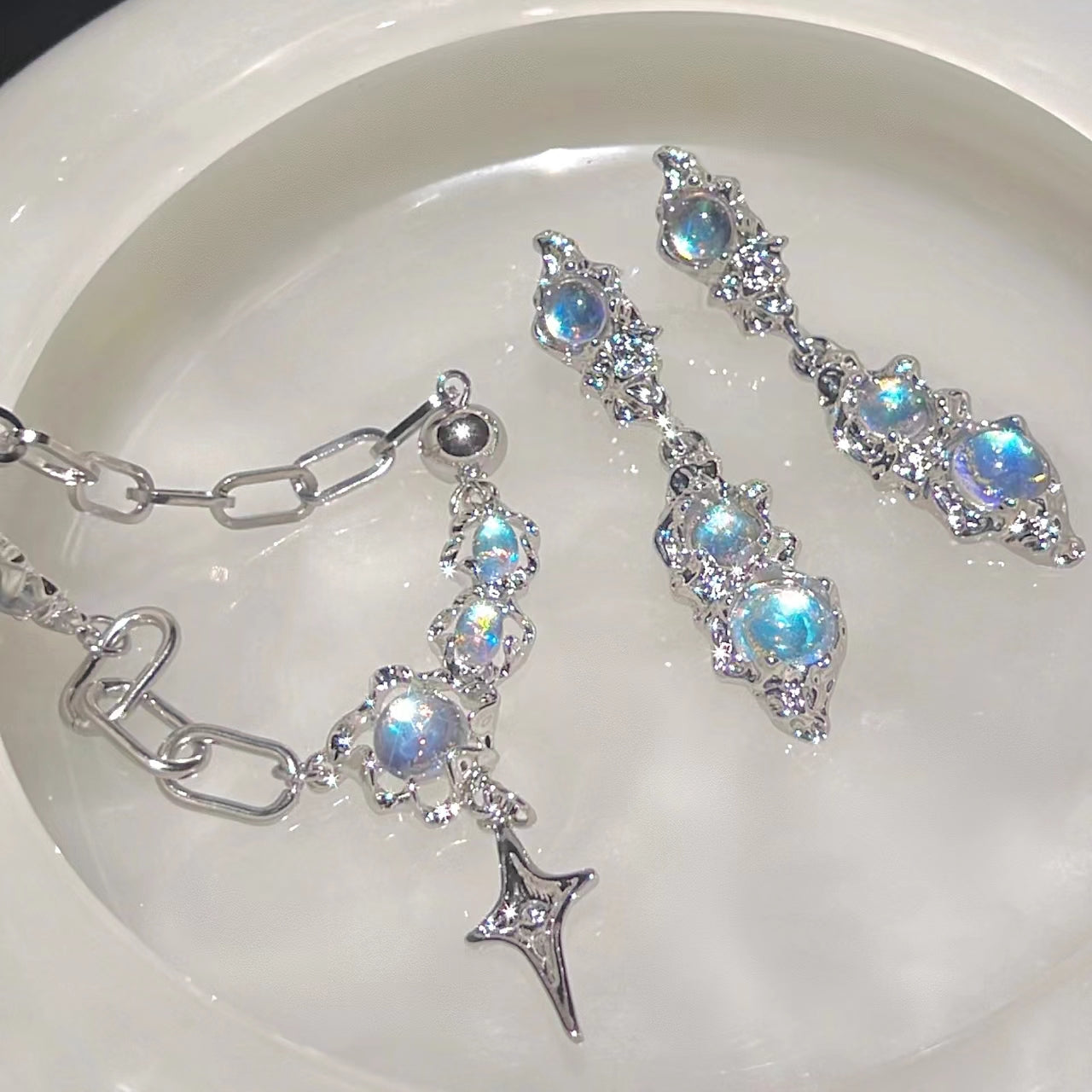 Moonlight necklace cross earrings set 925 silver pin lunar eclipse collarbone chain silver stones