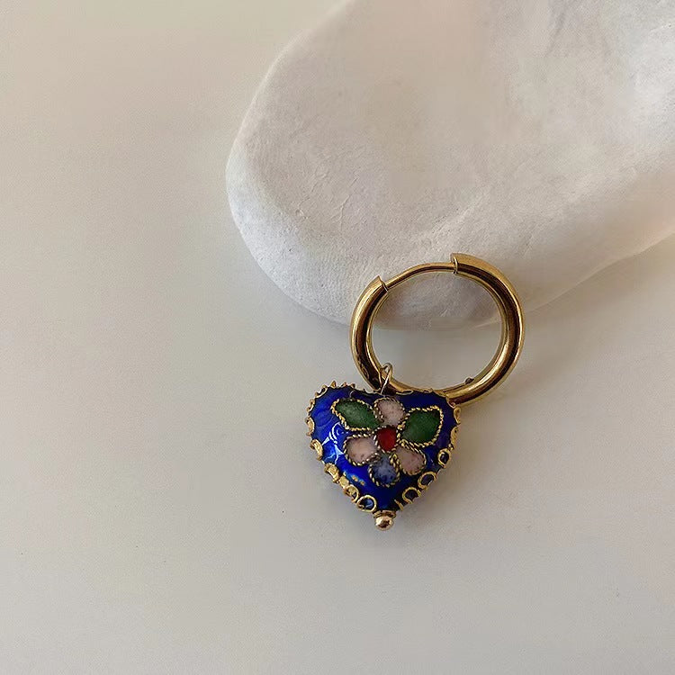 French retro oil dripping pearl love flower earrings