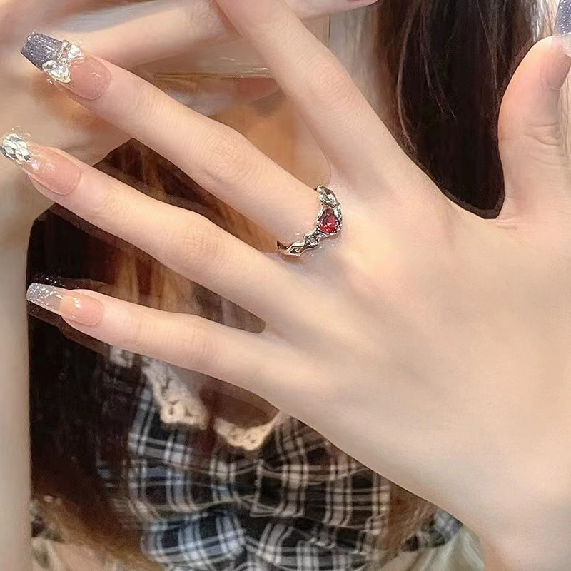 Niche design red open-ended zircon French irregular gemstone ring with diamonds