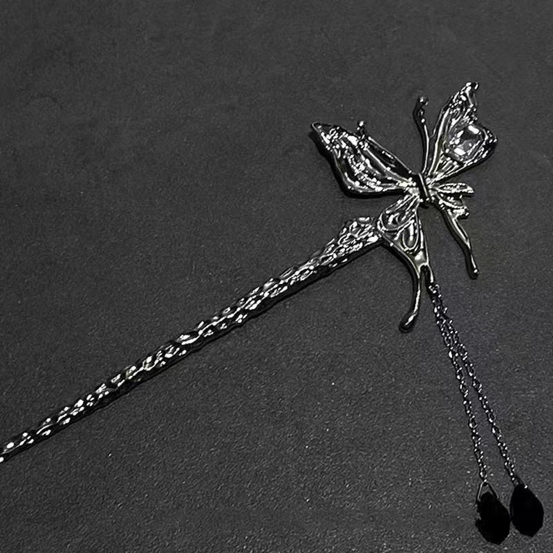 Butterfly long tassel black crystal pendant metal hairpin