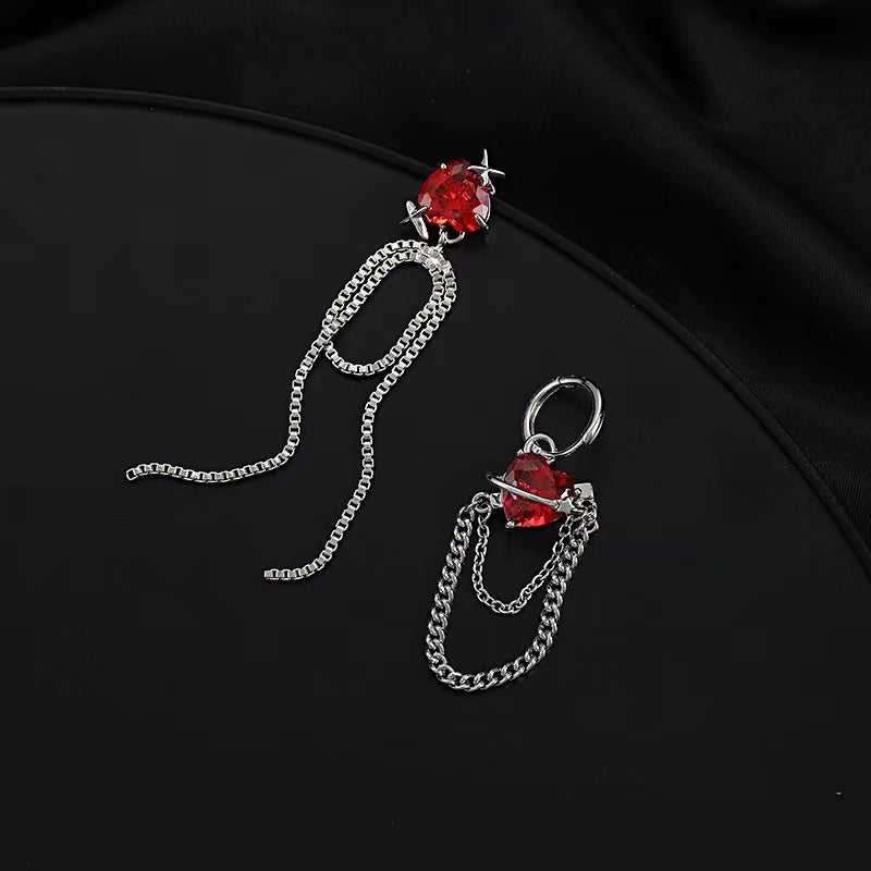 Tassel earrings female asymmetric senior sense of red love zirconia earrings ins cold wind personality sweet cool earrings