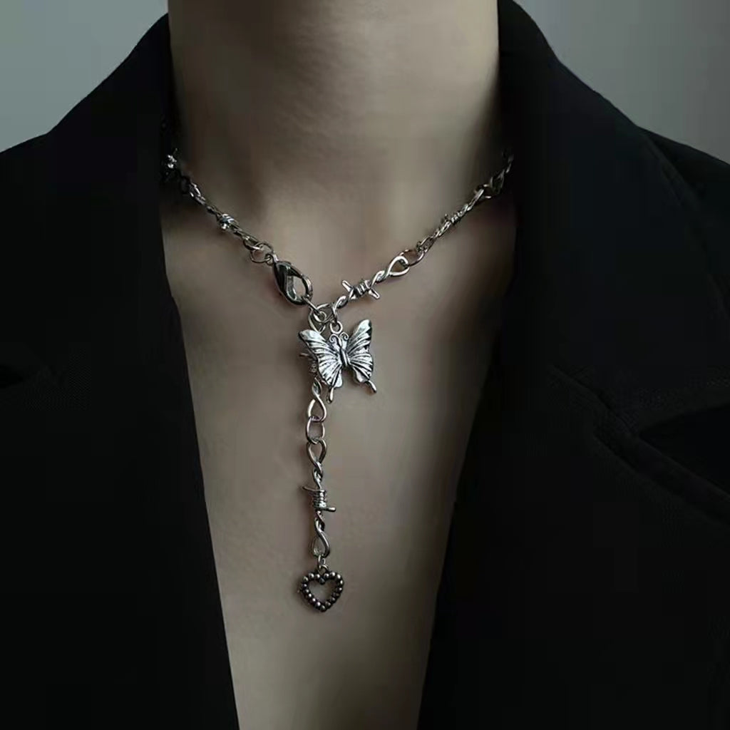 Grey thorn butterfly love pendant necklace