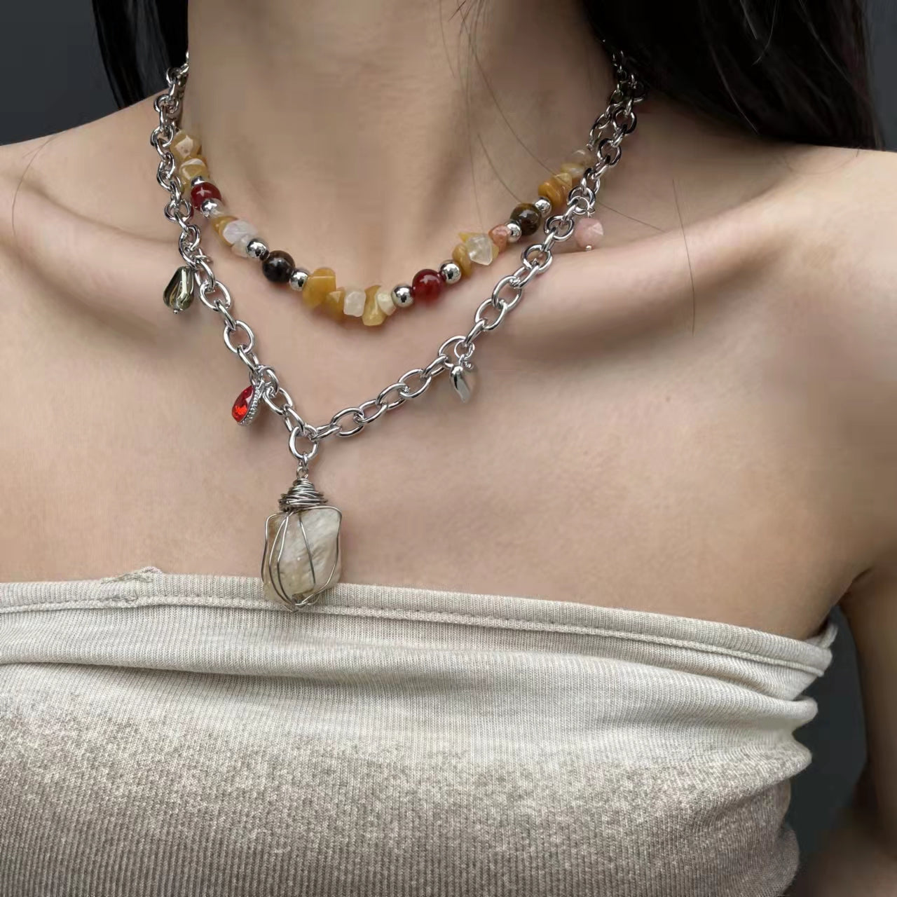 Double stacked natural crystal ethnic style beaded necklace