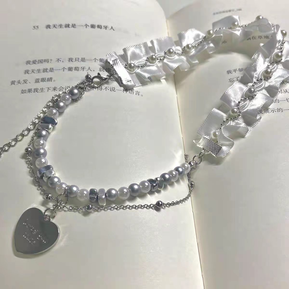 Original three ways to wear design pleated stitching light luxury love clavicle chain choker necklace