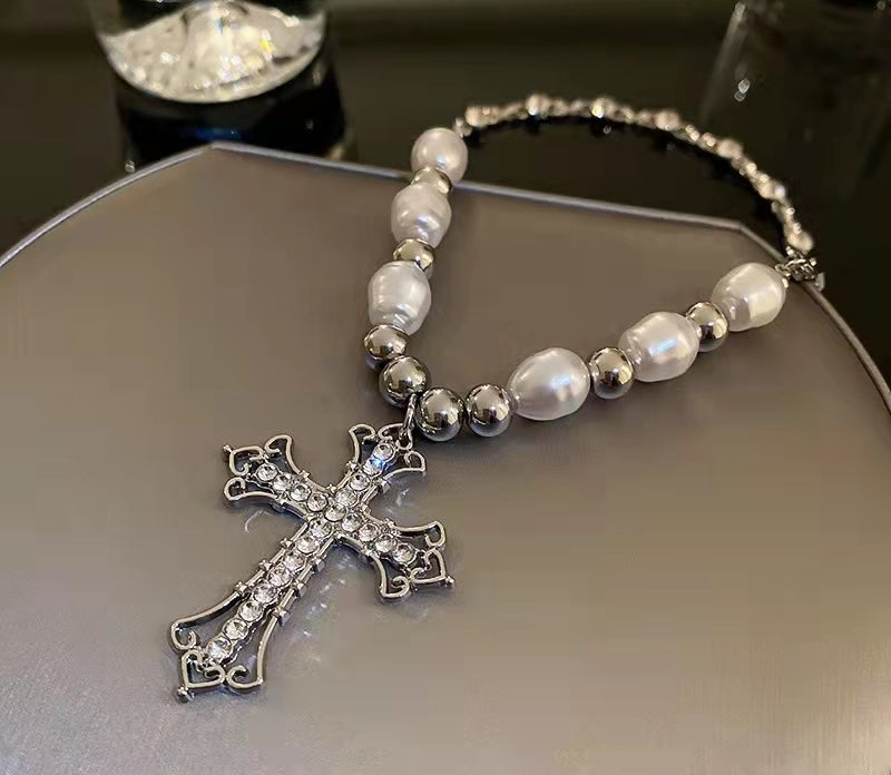 Cross pearl sweet cool hot girl necklace