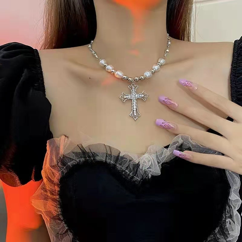 Cross pearl sweet cool hot girl necklace