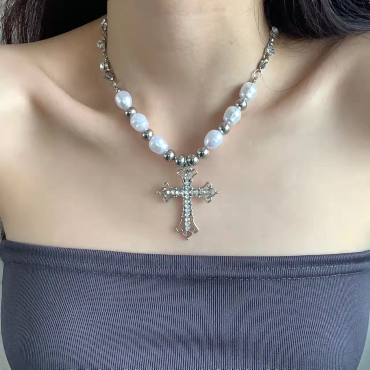 Cross pearl sweet cool hot girl necklace