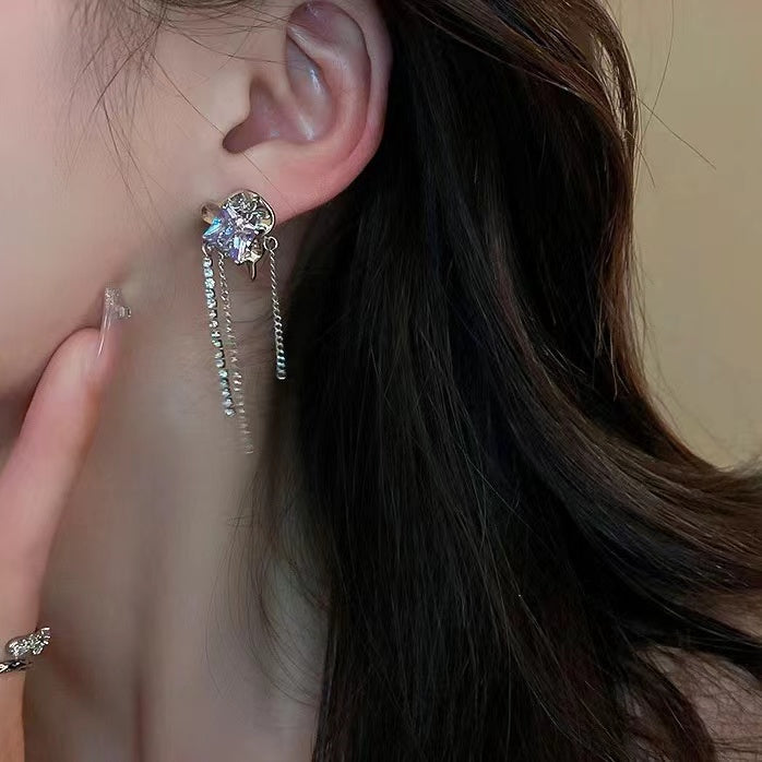 Silver pin ruffled geometric tassel earrings with diamonds