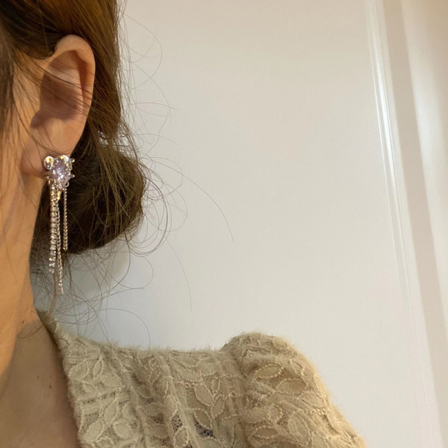 Silver pin ruffled geometric tassel earrings with diamonds