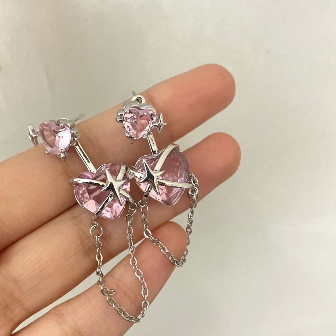 Four star zircon pink love chain Tassel Earrings