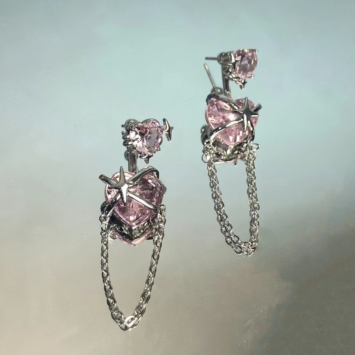 Four star zircon pink love chain Tassel Earrings