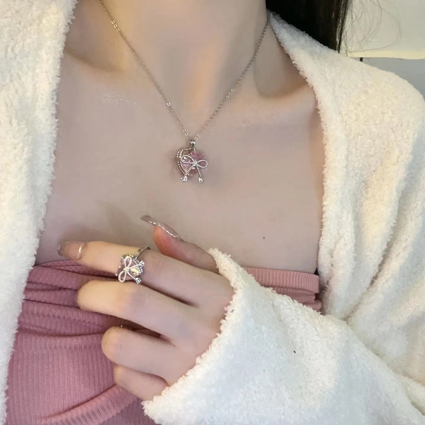 Princess style pink diamond love gemstone series 18k gold plated necklace