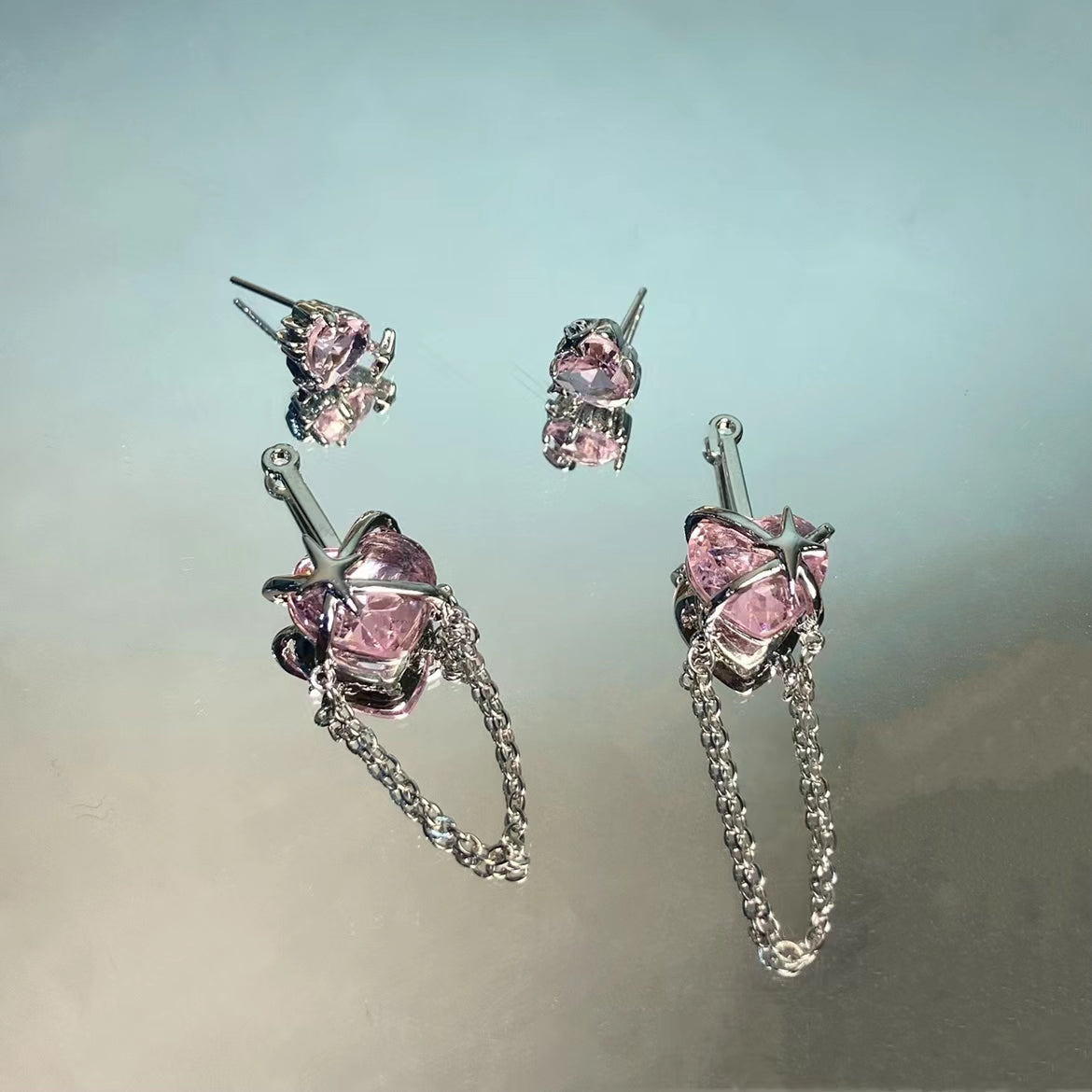 Four star zircon pink love chain Tassel Earrings